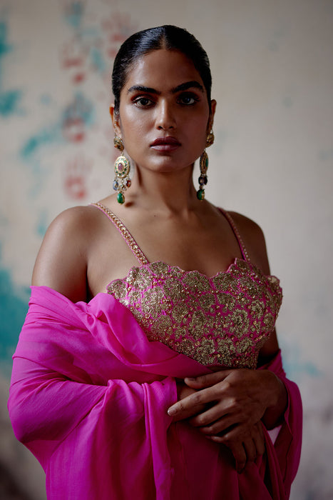 Fuchsia Pink Draped Saree with Bralet Blouse