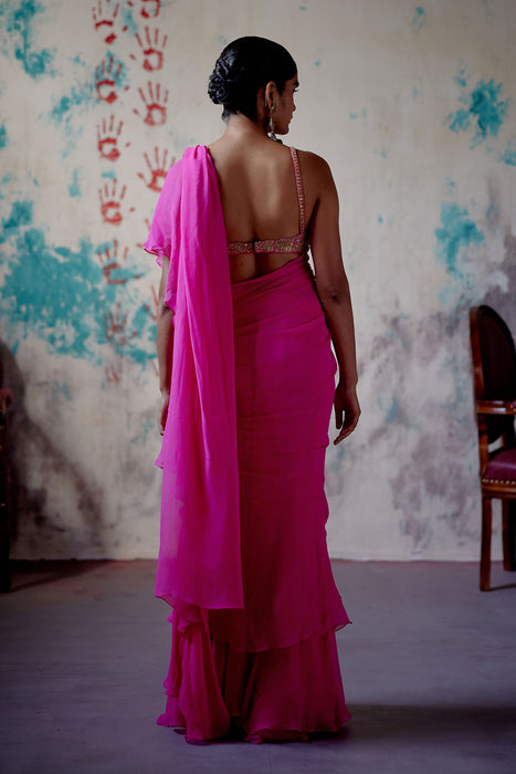 Fuchsia Pink Draped Saree with Bralet Blouse