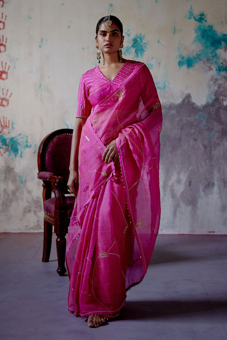 Fuchsia Pink Zari Organza Saree with Blouse