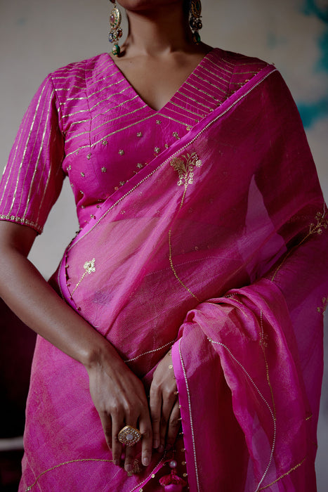 Fuchsia Pink Zari Organza Saree with Blouse