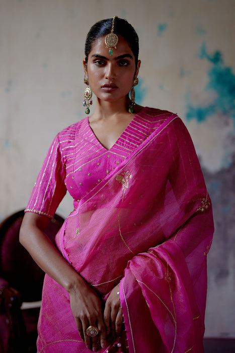 Fuchsia Pink Zari Organza Saree with Blouse