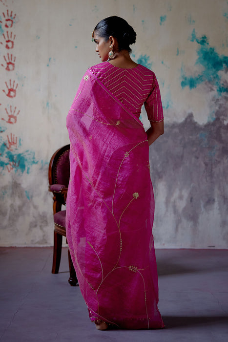 Fuchsia Pink Zari Organza Saree with Blouse