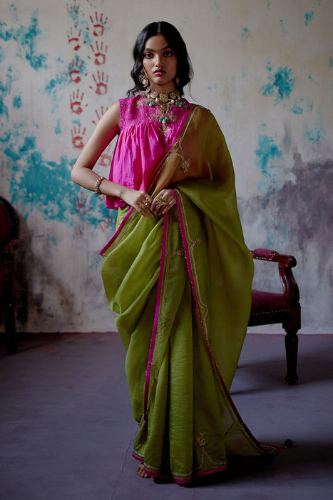 Olive Half n Half Saree With Long Blouse