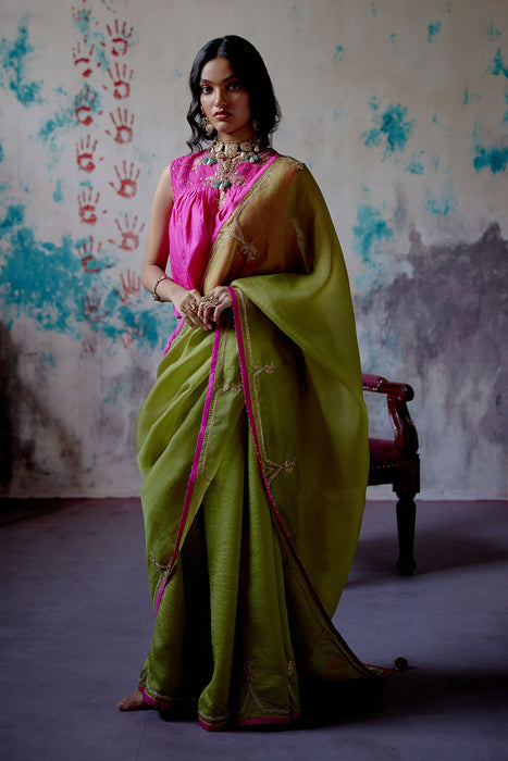 Olive Half n Half Saree With Long Blouse