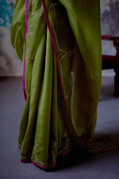 Olive Half n Half Saree With Long Blouse