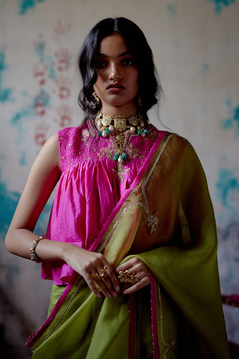 Olive Half n Half Saree With Long Blouse
