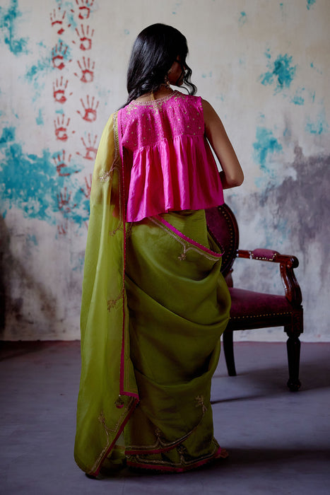 Olive Half n Half Saree With Long Blouse