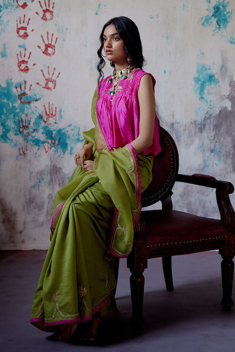 Olive Half n Half Saree With Long Blouse