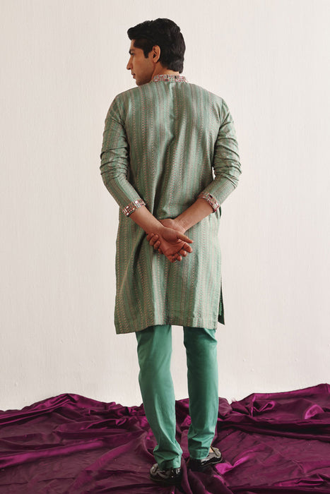 Sea Green Kantha Work Kurta With Mirrorwork