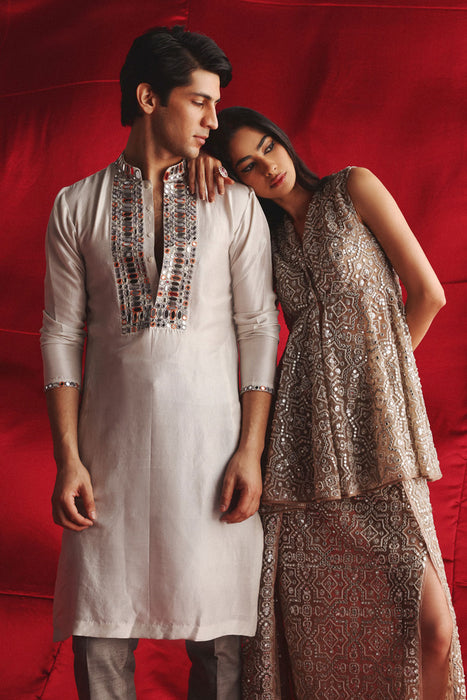 Silver Grey Kurta With Mirrorwork