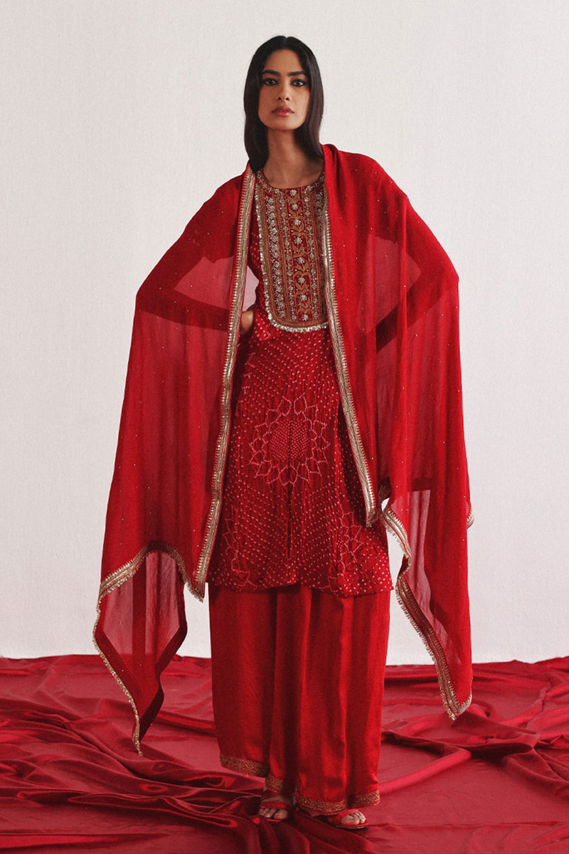 Marodiwork Crushed Bandhani Silk Kurta and Ankle Length Palazzos with Dupatta