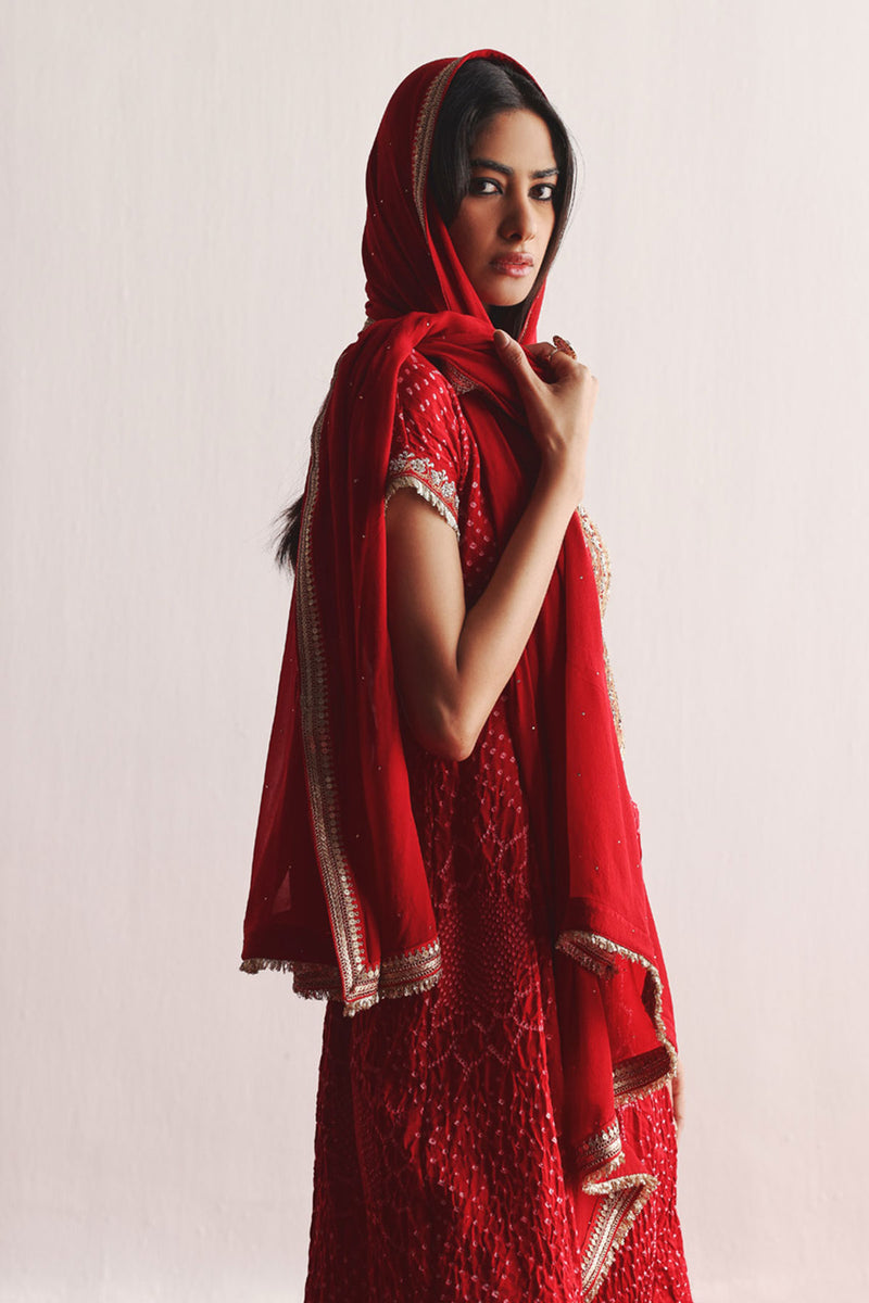 Marodiwork Crushed Bandhani Silk Kurta and Ankle Length Palazzos with Dupatta