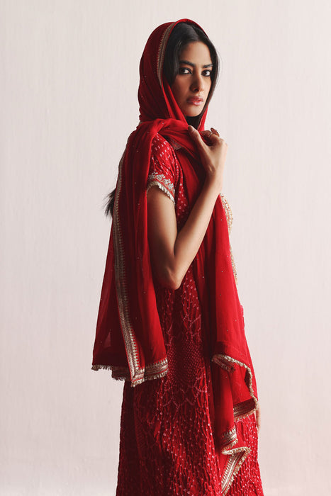 Marodiwork Crushed Bandhani Silk Kurta and Ankle Length Palazzos with Dupatta