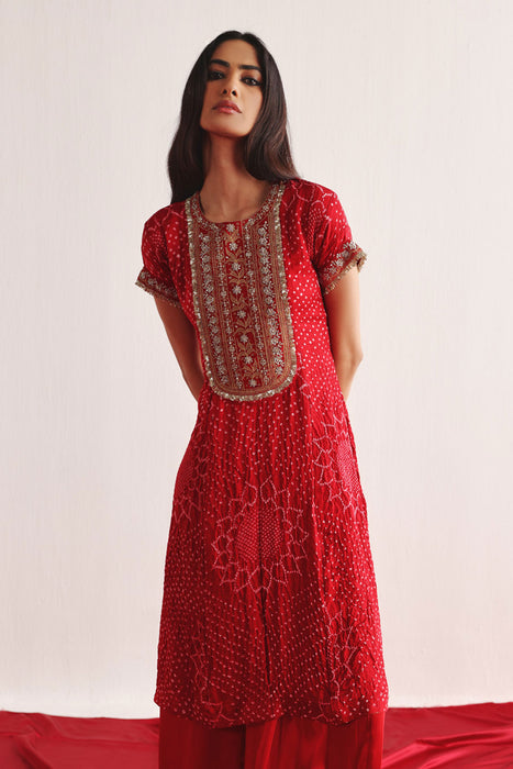 Marodiwork Crushed Bandhani Silk Kurta and Ankle Length Palazzos with Dupatta