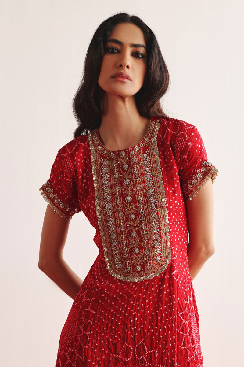 Marodiwork Crushed Bandhani Silk Kurta and Ankle Length Palazzos with Dupatta