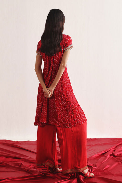 Marodiwork Crushed Bandhani Silk Kurta and Ankle Length Palazzos with Dupatta