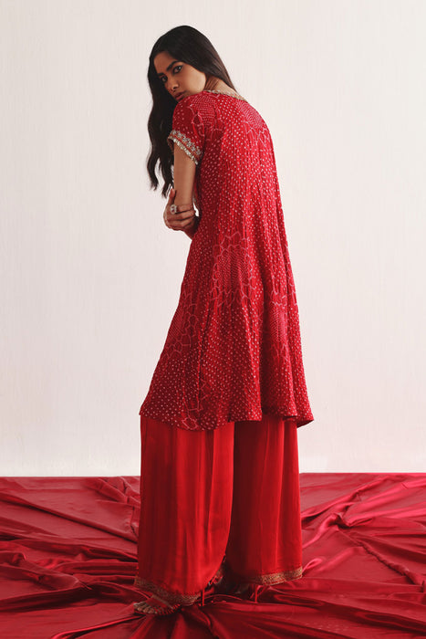 Marodiwork Crushed Bandhani Silk Kurta and Ankle Length Palazzos with Dupatta