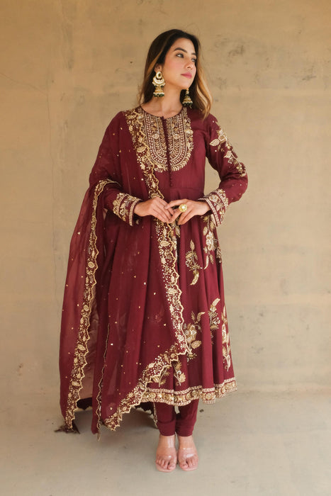 Wine Anarkali Set