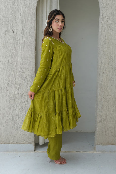 Green Mukaish Kalidar Set