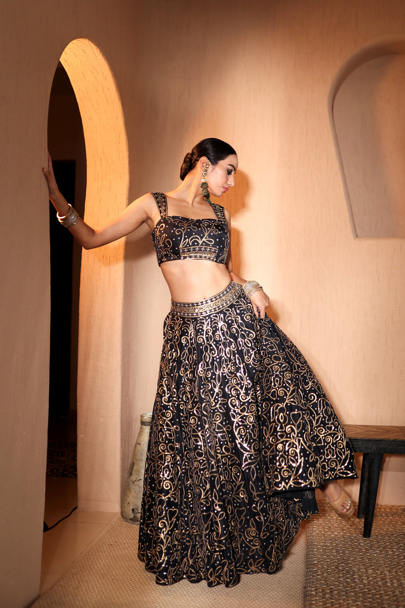Nazakat Black Sequins & Mirror Work Lehenga Set