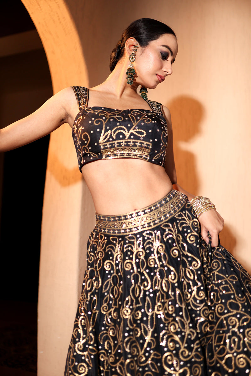 Nazakat Black Sequins & Mirror Work Lehenga Set