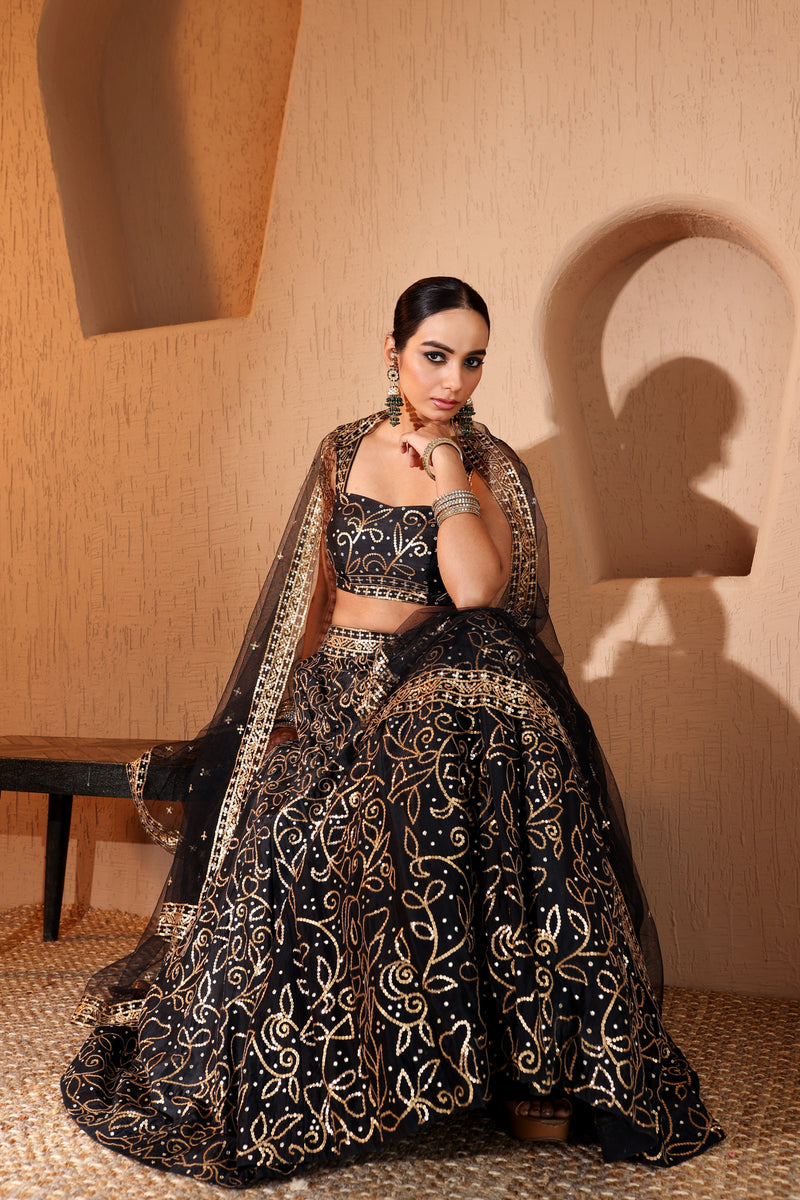 Nazakat Black Sequins & Mirror Work Lehenga Set