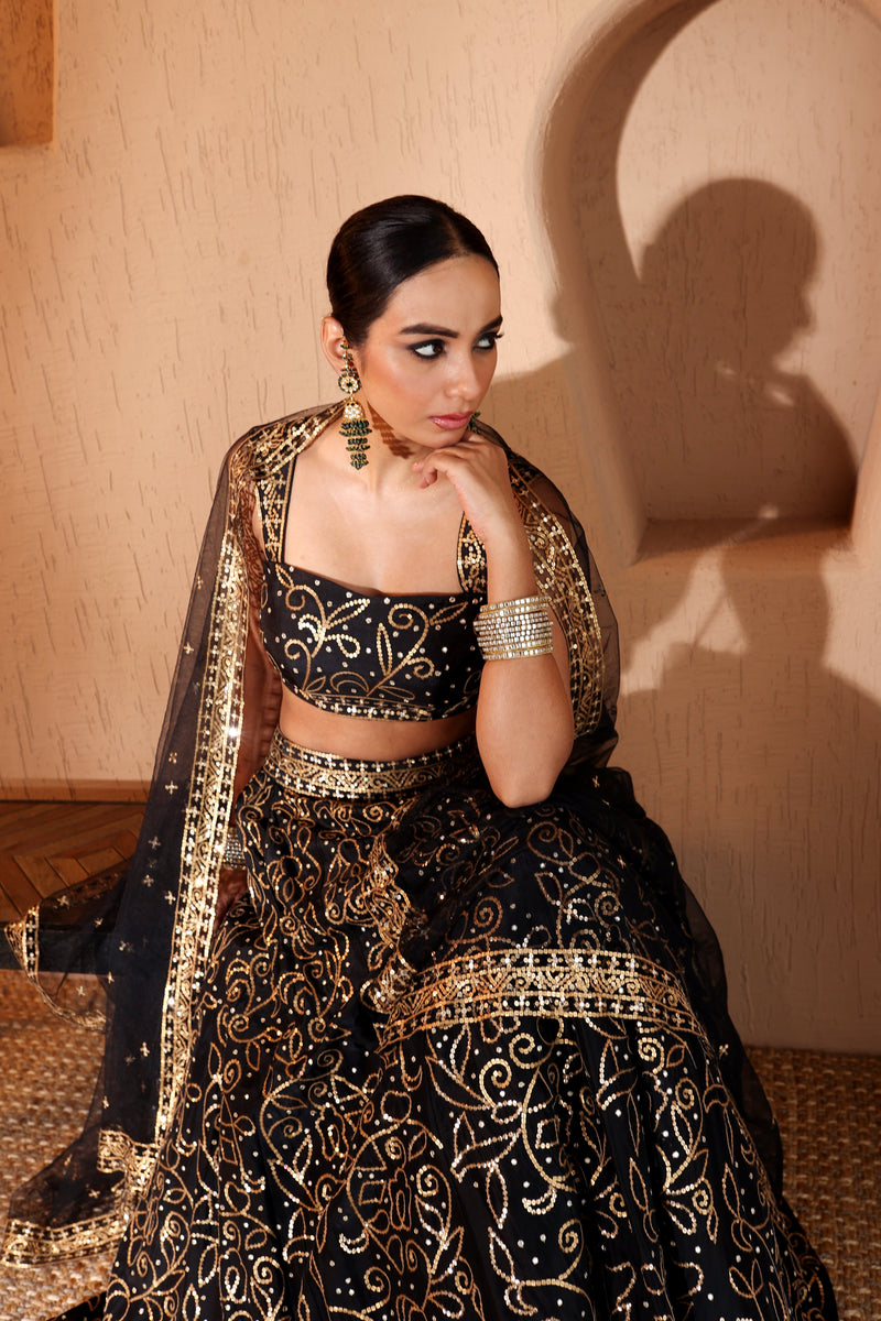 Nazakat Black Sequins & Mirror Work Lehenga Set