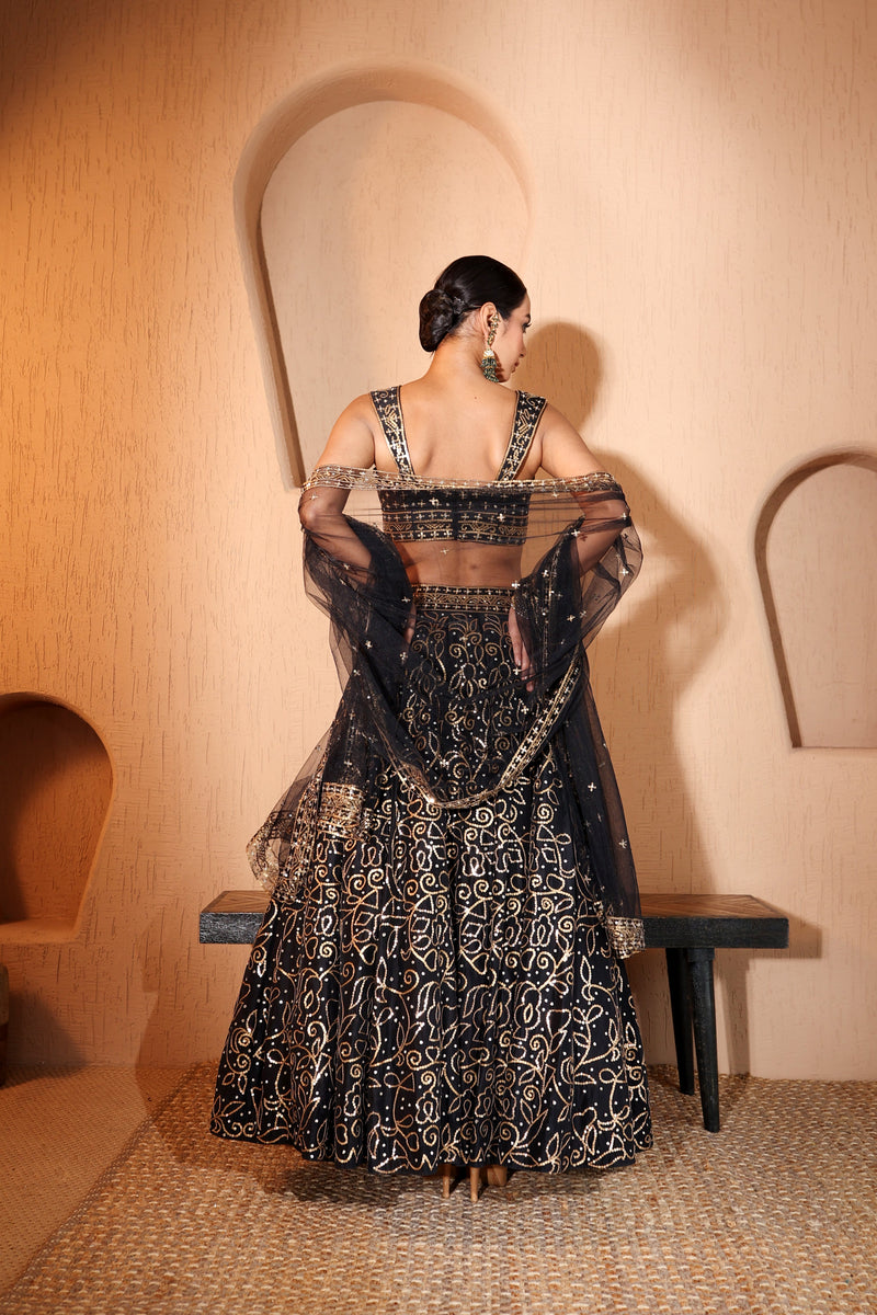Nazakat Black Sequins & Mirror Work Lehenga Set
