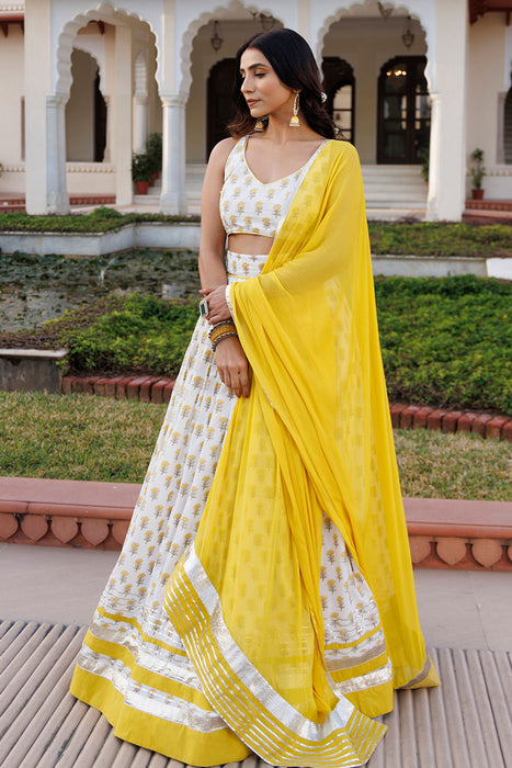 Sunstruck Yellow and White Cotton Lehenga Set