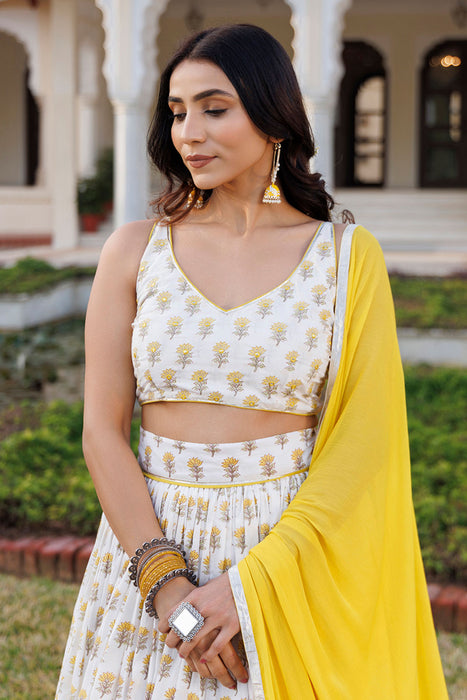 Sunstruck Yellow and White Cotton Lehenga Set
