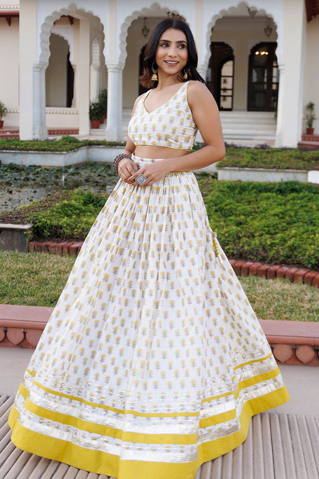 Sunstruck Yellow and White Cotton Lehenga Set