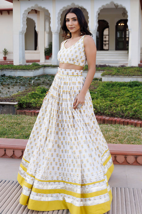 Sunstruck Yellow and White Cotton Lehenga Set