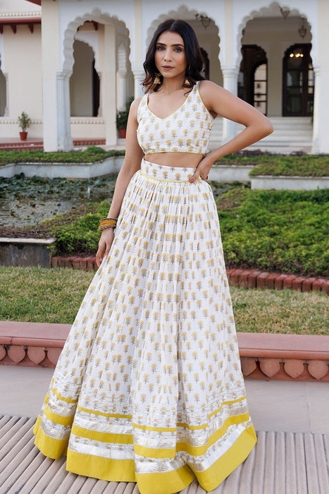 Sunstruck Yellow and White Cotton Lehenga Set