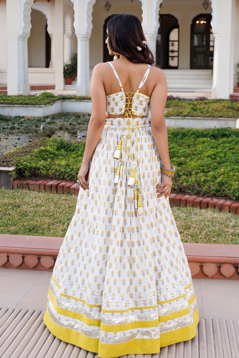 Sunstruck Yellow and White Cotton Lehenga Set