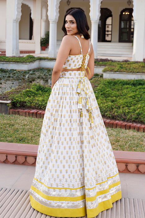 Sunstruck Yellow and White Cotton Lehenga Set