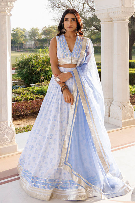 Angel Falls Blue and White Handblock Printed Lehenga Set