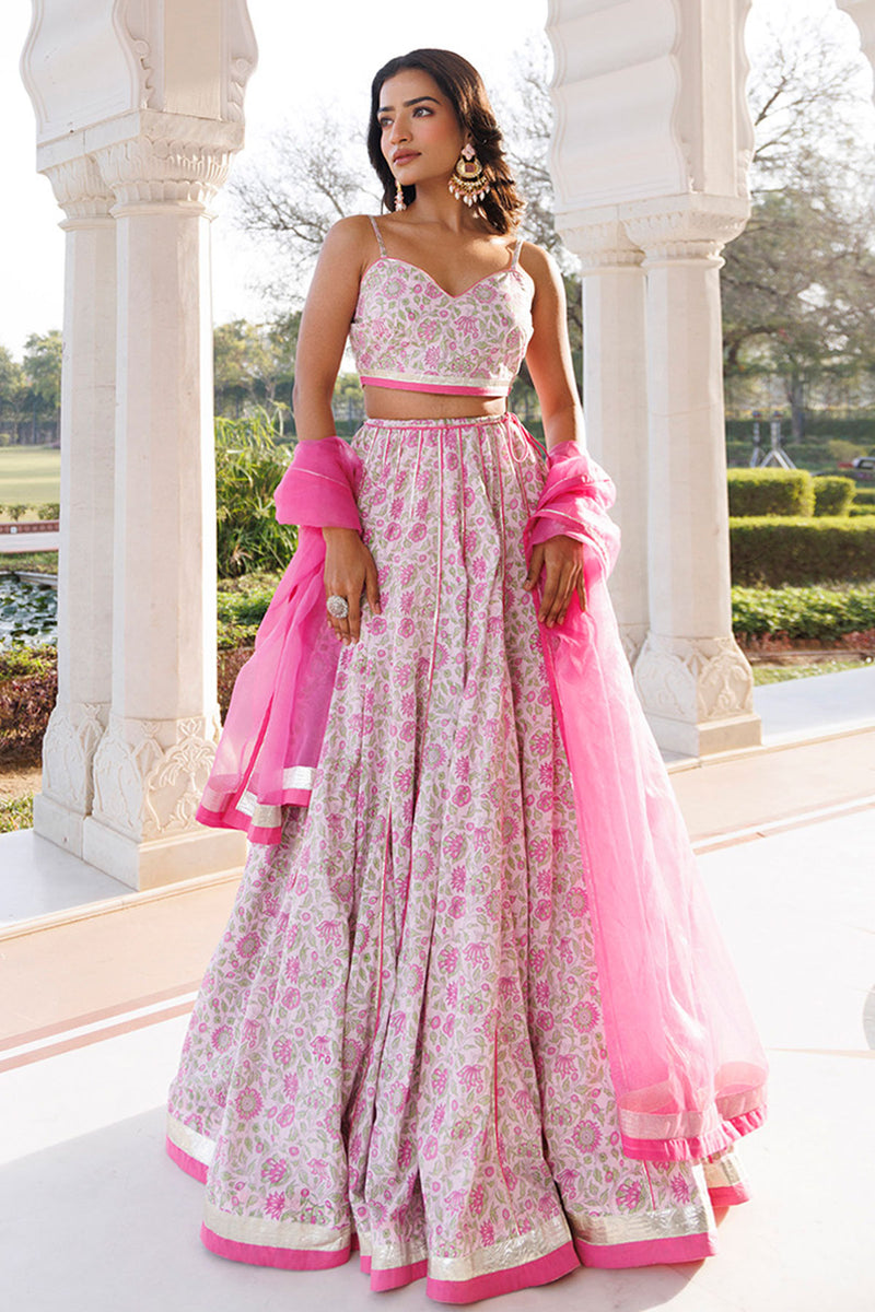 Mauve Chalk Pink Cotton Hand Printed Lehenga Set