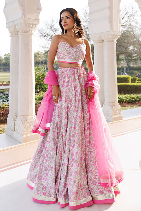 Mauve Chalk Pink Cotton Hand Printed Lehenga Set