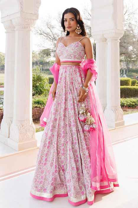 Mauve Chalk Pink Cotton Hand Printed Lehenga Set