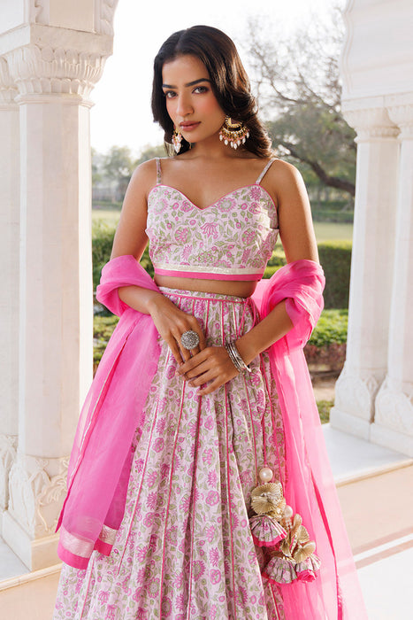 Mauve Chalk Pink Cotton Hand Printed Lehenga Set