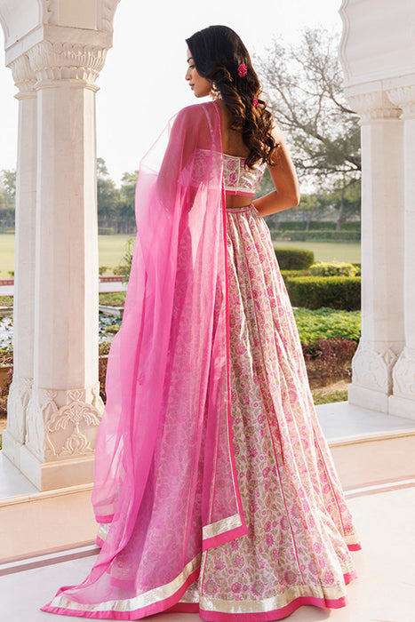 Mauve Chalk Pink Cotton Hand Printed Lehenga Set