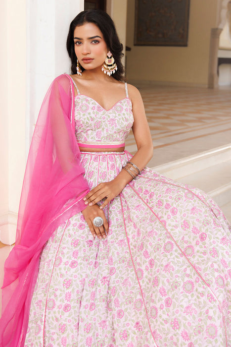 Mauve Chalk Pink Cotton Hand Printed Lehenga Set