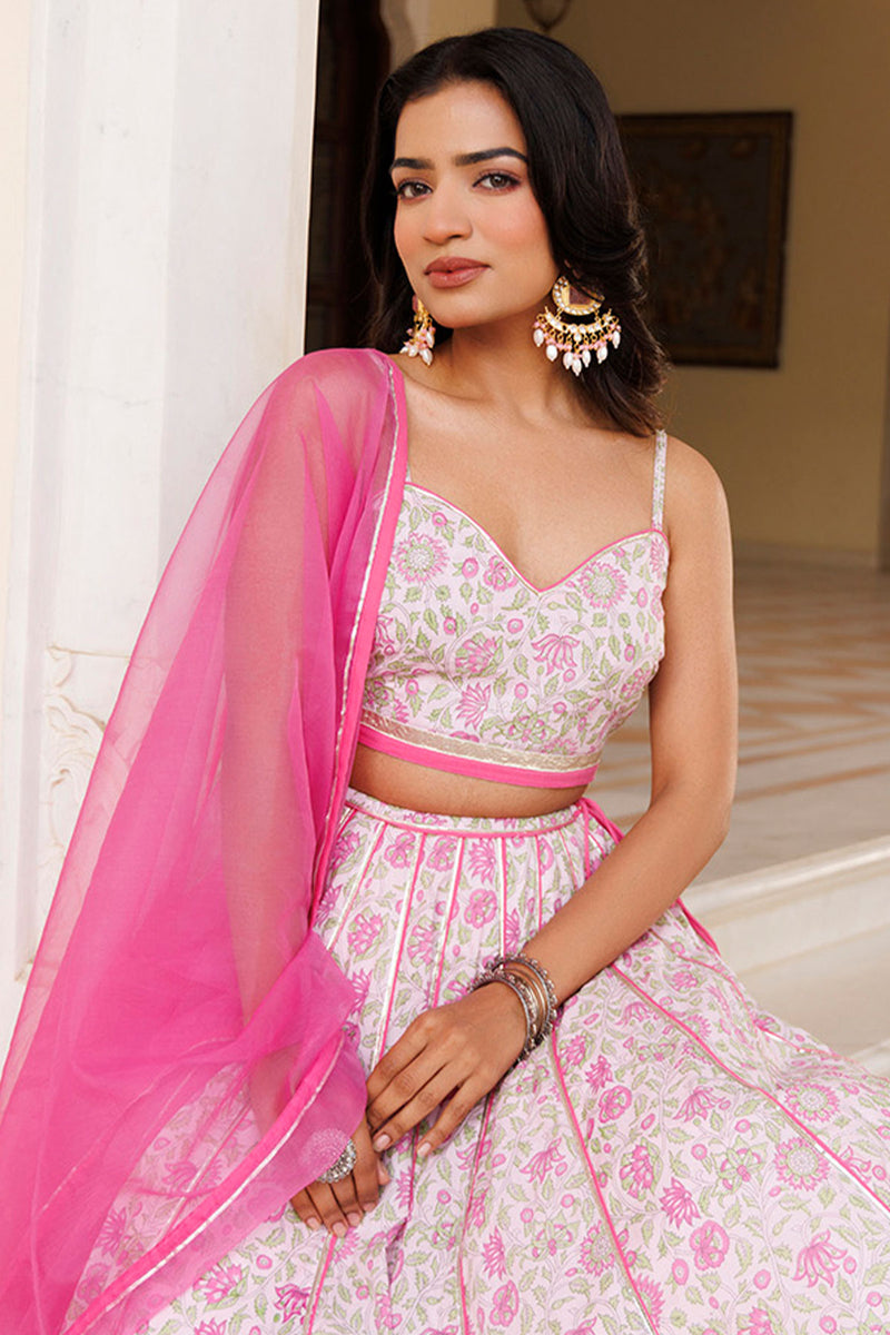 Mauve Chalk Pink Cotton Hand Printed Lehenga Set