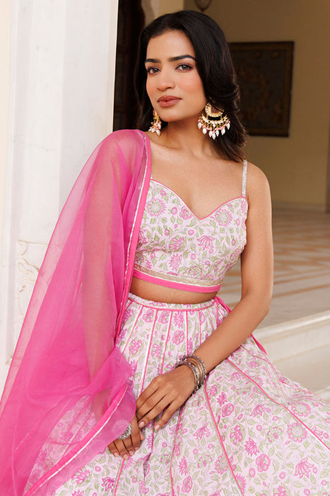 Mauve Chalk Pink Cotton Hand Printed Lehenga Set