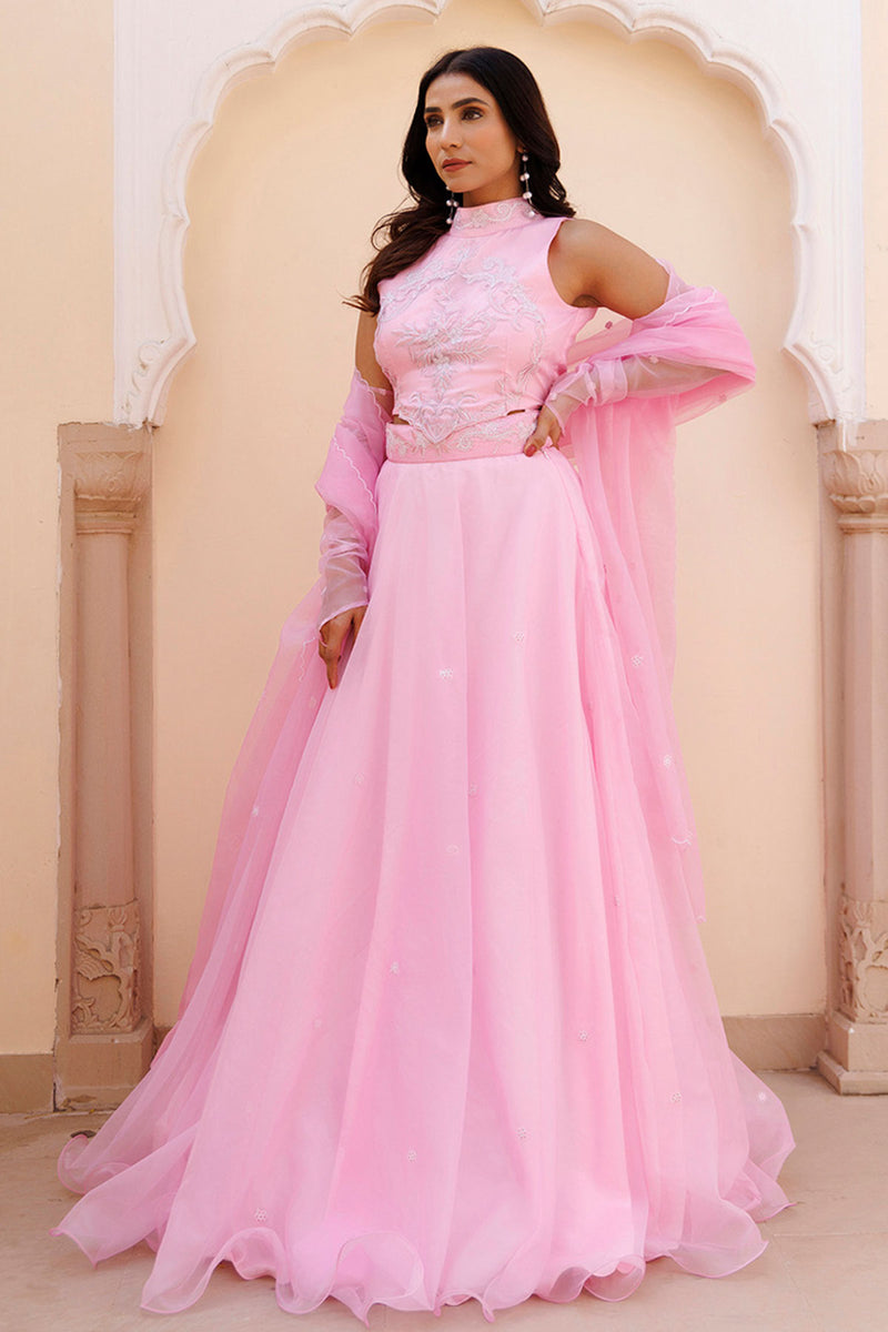 Soft Pink Organza Embroidered Lehenga Set