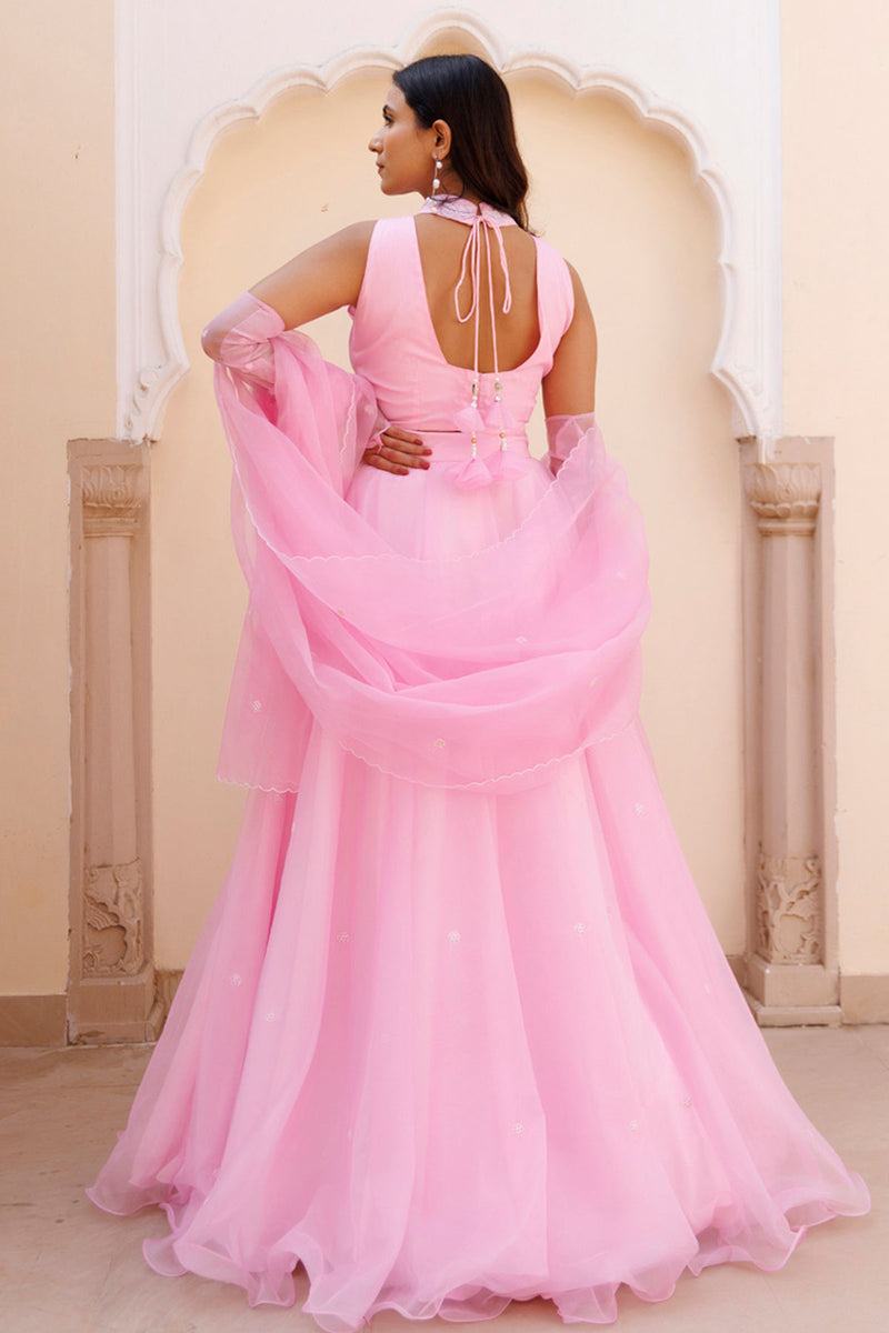 Soft Pink Organza Embroidered Lehenga Set
