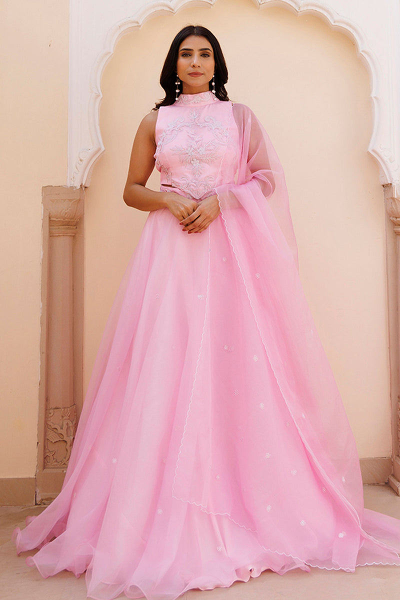 Soft Pink Organza Embroidered Lehenga Set