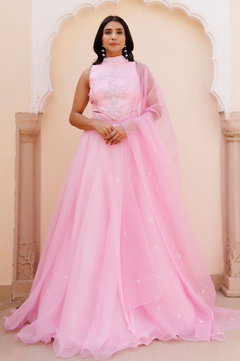 Soft Pink Organza Embroidered Lehenga Set