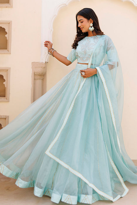 Aqua Blue Bay Organza Lehenga Set