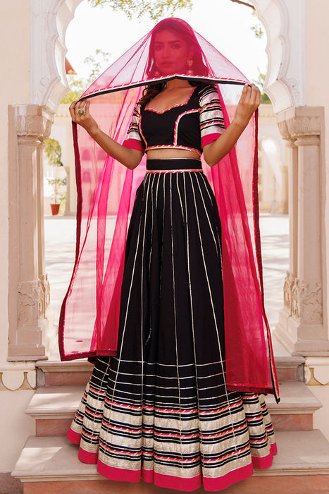 Blackened Pearl and Pink Cotton Lehenga Set